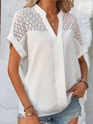 Openwork Notched Short Sleeve Blouse