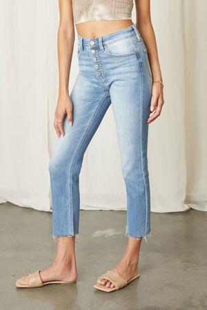 Calça jeans skinny reta com cintura alta desgastada