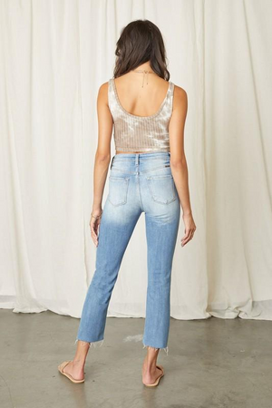 Calça jeans skinny reta com cintura alta desgastada