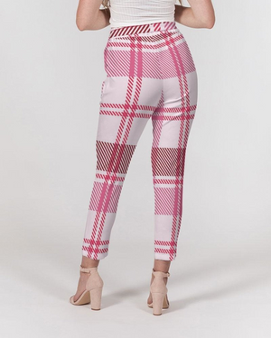 Calças femininas, calças de corte afunilado - com cinto / rosa e branco / xadrez