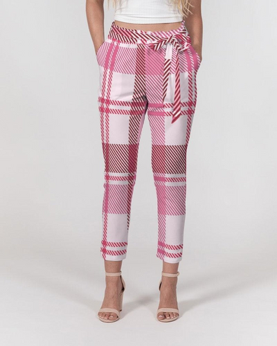 Women's Pants, Tapered Cut Trousers - Belted / Pink & White / Plaid