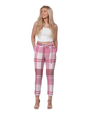 Calças femininas, calças de corte afunilado - com cinto / rosa e branco / xadrez