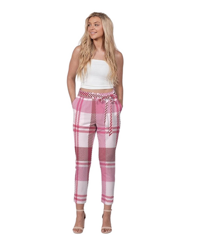 Women's Pants, Tapered Cut Trousers - Belted / Pink & White / Plaid