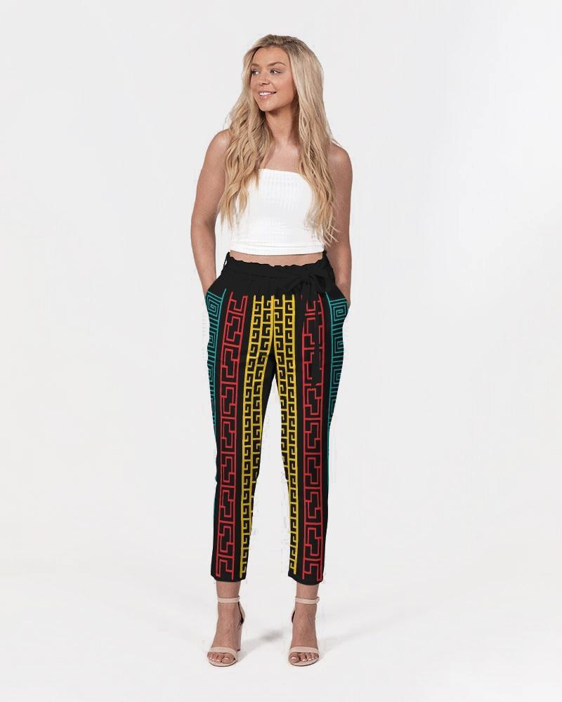 Women's Pants, Tapered Cut Trousers - Belted / Black / Multicolor