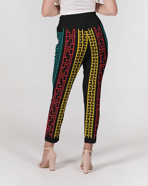 Calças femininas, calças de corte afunilado - com cinto / preta / multicolorida