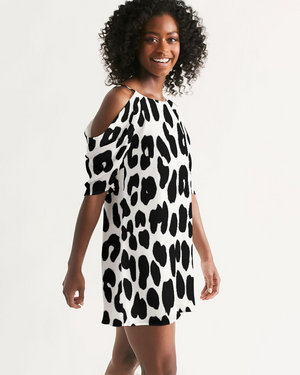 Open Shoulder A-Line Black/White Leopard Print