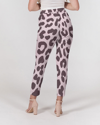 Pink Leopard Print Women's Belted Tapered Pants