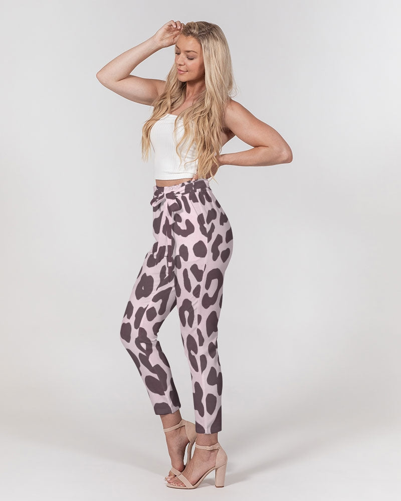 Pink Leopard Print Women's Belted Tapered Pants