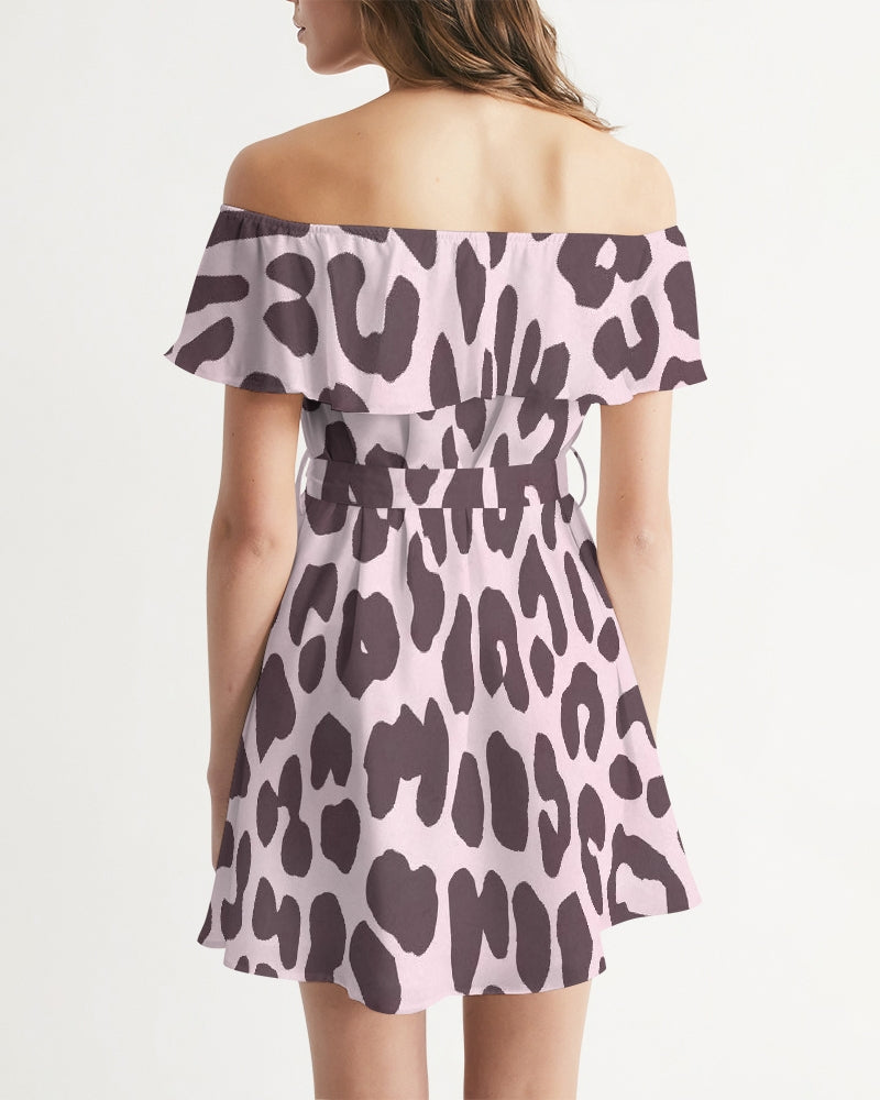 Pink Leopard Print Women's Off-Shoulder Dress