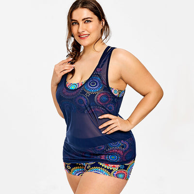 Plus Size Printed Beachwear With Mesh Tank-Women's Clothing-Walmel