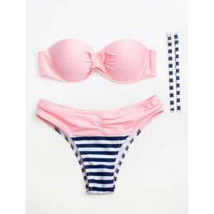 Women's Fine Stripe Plus Size Strap Yellow Blue Pink Bandeau-Walmel