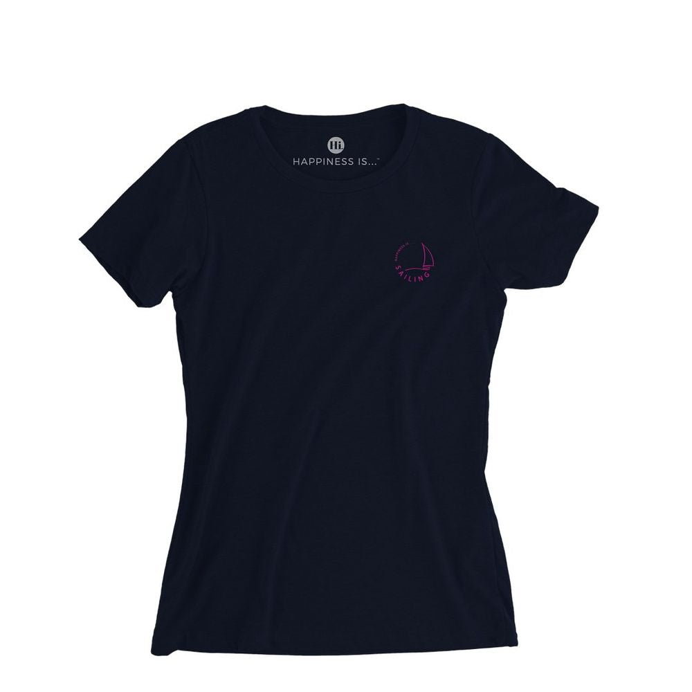 Camiseta feminina de vela, azul marinho com rosa