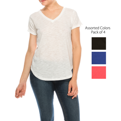 Urban Diction 4er-Pack Komfort-Kurzarm-T-Shirts mit einfarbigem V-Ausschnitt für Damen