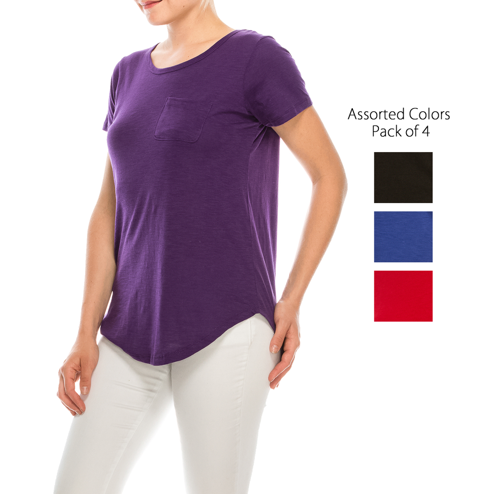 Pacote de 4 camisetas femininas essenciais cores sólidas básicas com gola colher Urban Diction