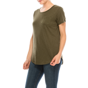 Pacote com 4 camisetas femininas com elástico macio e elástico no pescoço bolso manga curta