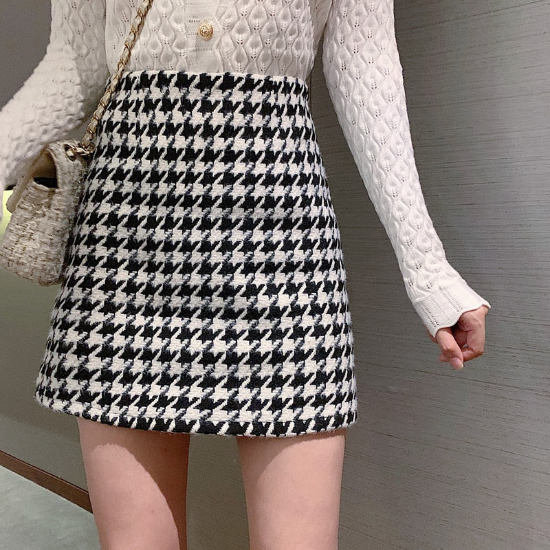 Women's Skirt Woolen Plaid High Waist Beige